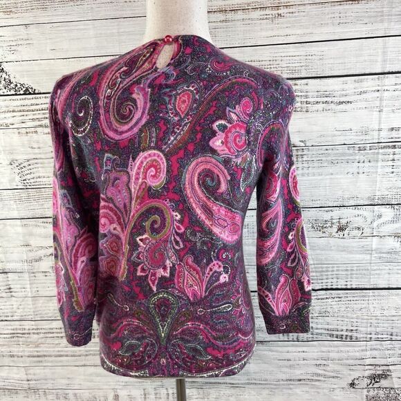 Talbots Pure Cashmere Pullover Sweater size Medium Petite Purple Pink Paisley - Picture 8 of 9